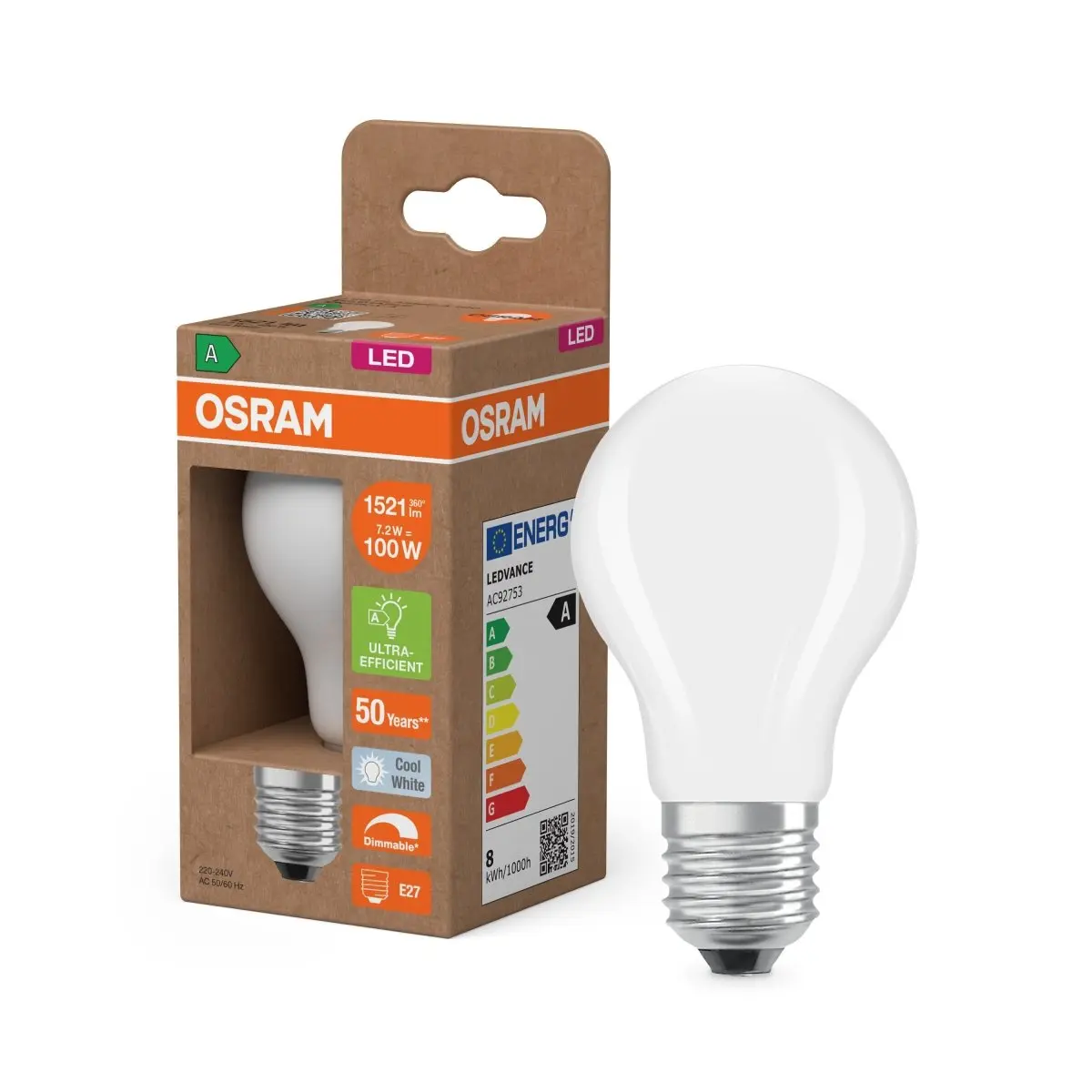 Matná LED žárovka E27 7,2 W CLASSIC A, studená bílá