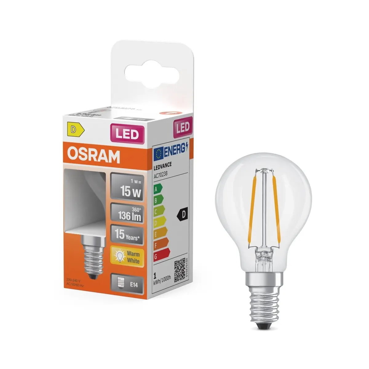 Průhledná LED mini žárovka E14 1,5 W CLASSIC P, teplá bílá OSRAM