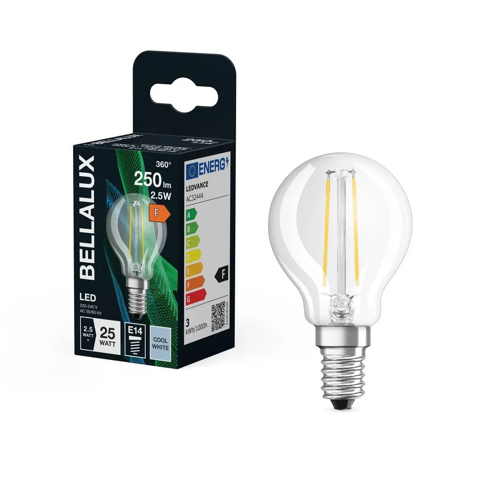 Průhledná LED žárovka E14 2.5W CLASSIC, studená bílá