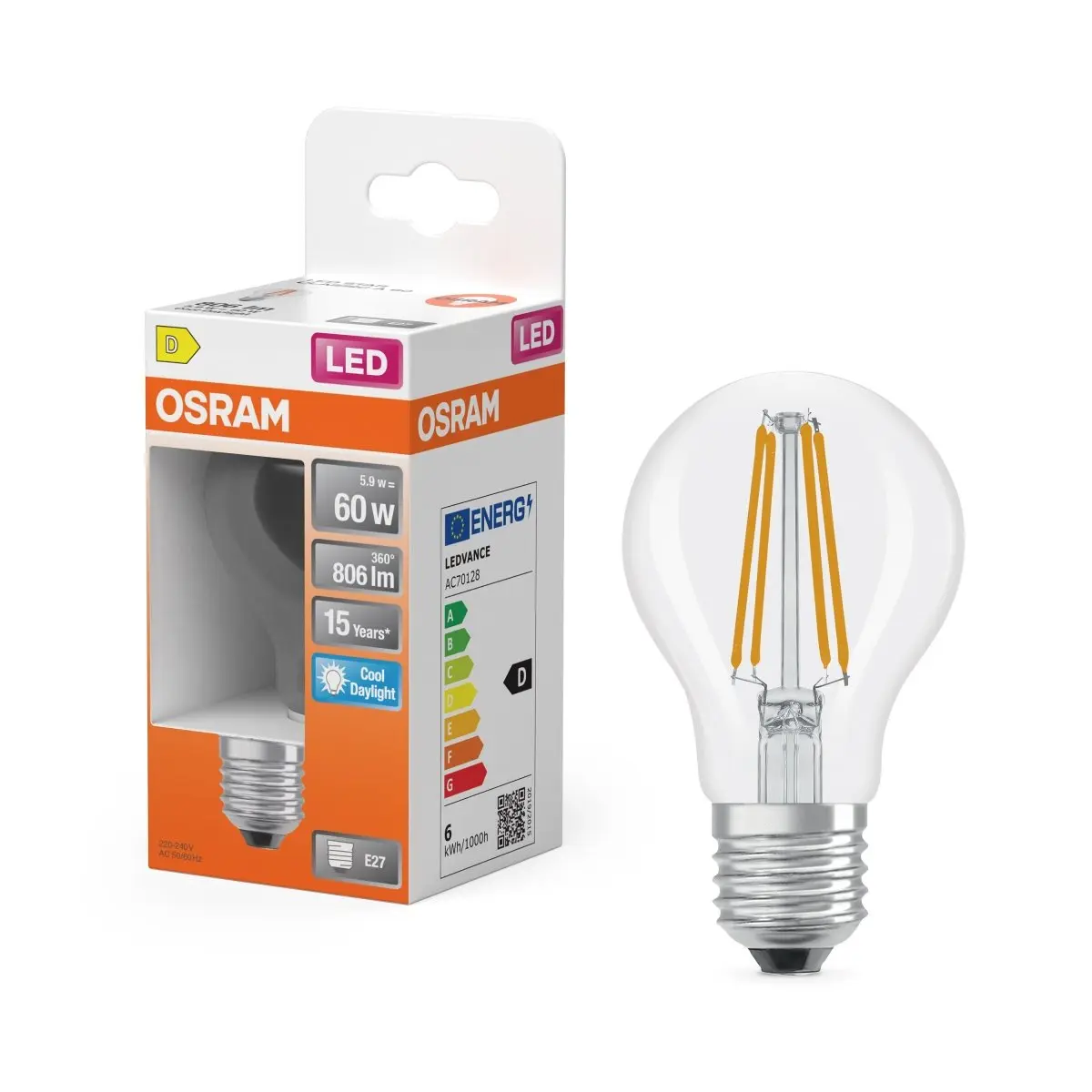 Průhledná LED žárovka E27 6,5 W CLASSIC A, studená denní bílá OSRAM