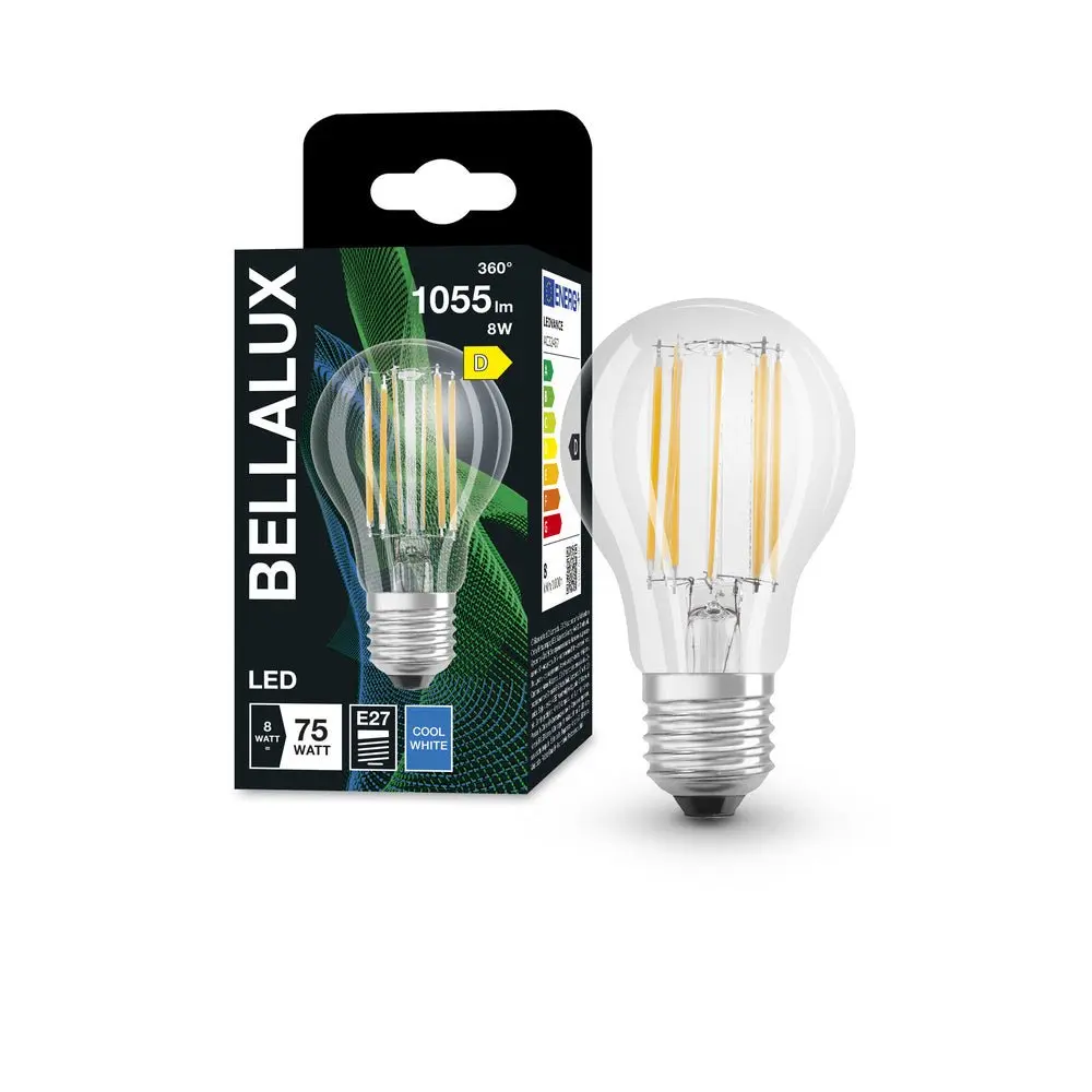 Průhledná LED žárovka E27 8W CLASSIC A, studená bílá