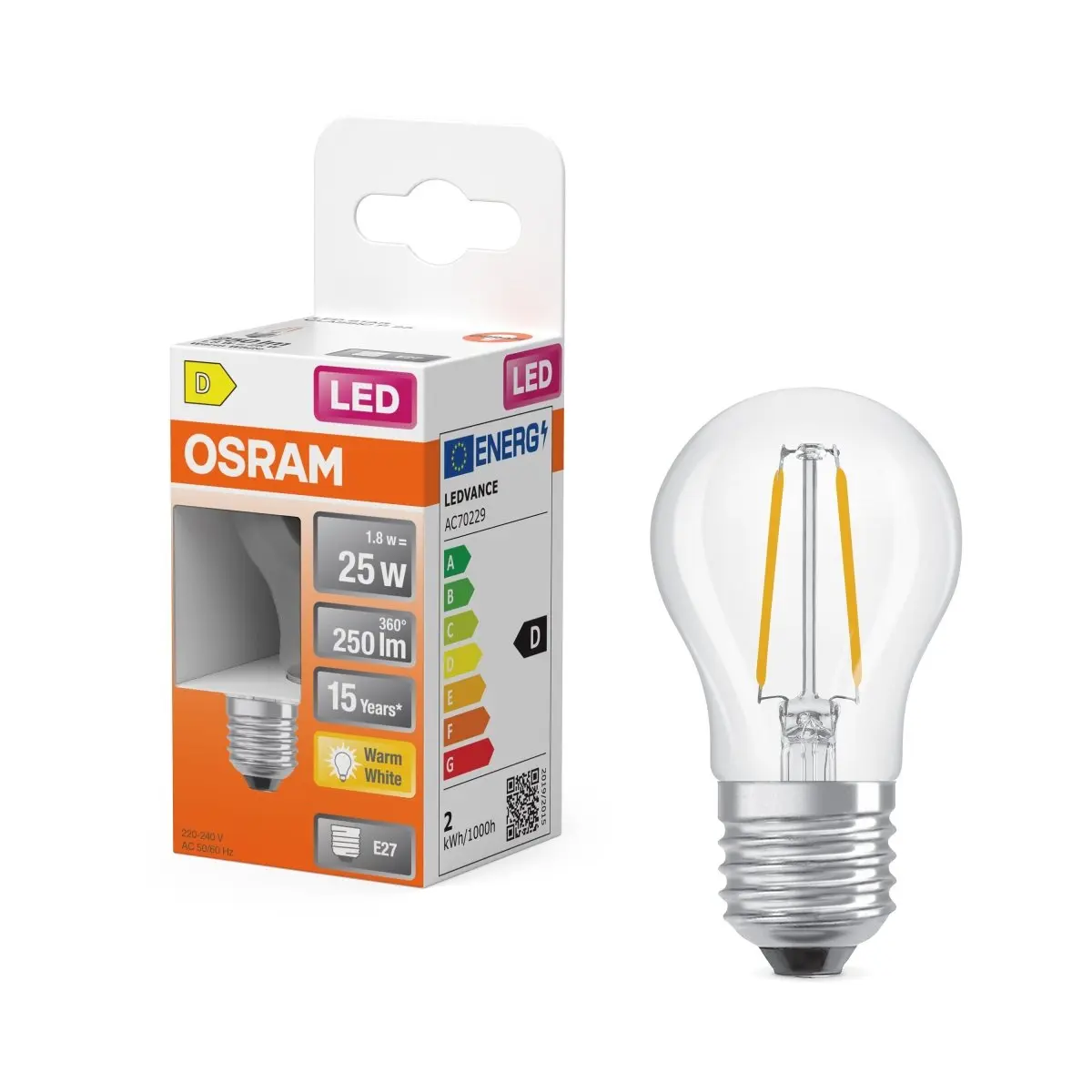 Průhledná mini LED žárovka E27 2,5 W CLASSIC P, teplá bílá OSRAM