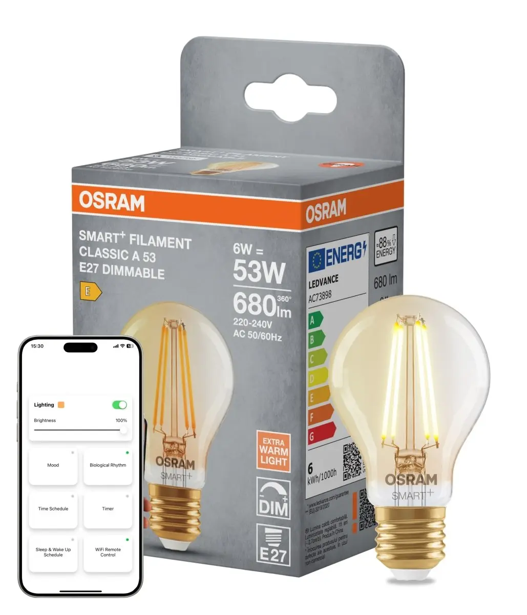 Smart LED žárovka SMART+ MATTER Filament Classic A53, 6W, Teplá bílá, Zlatá, E27
