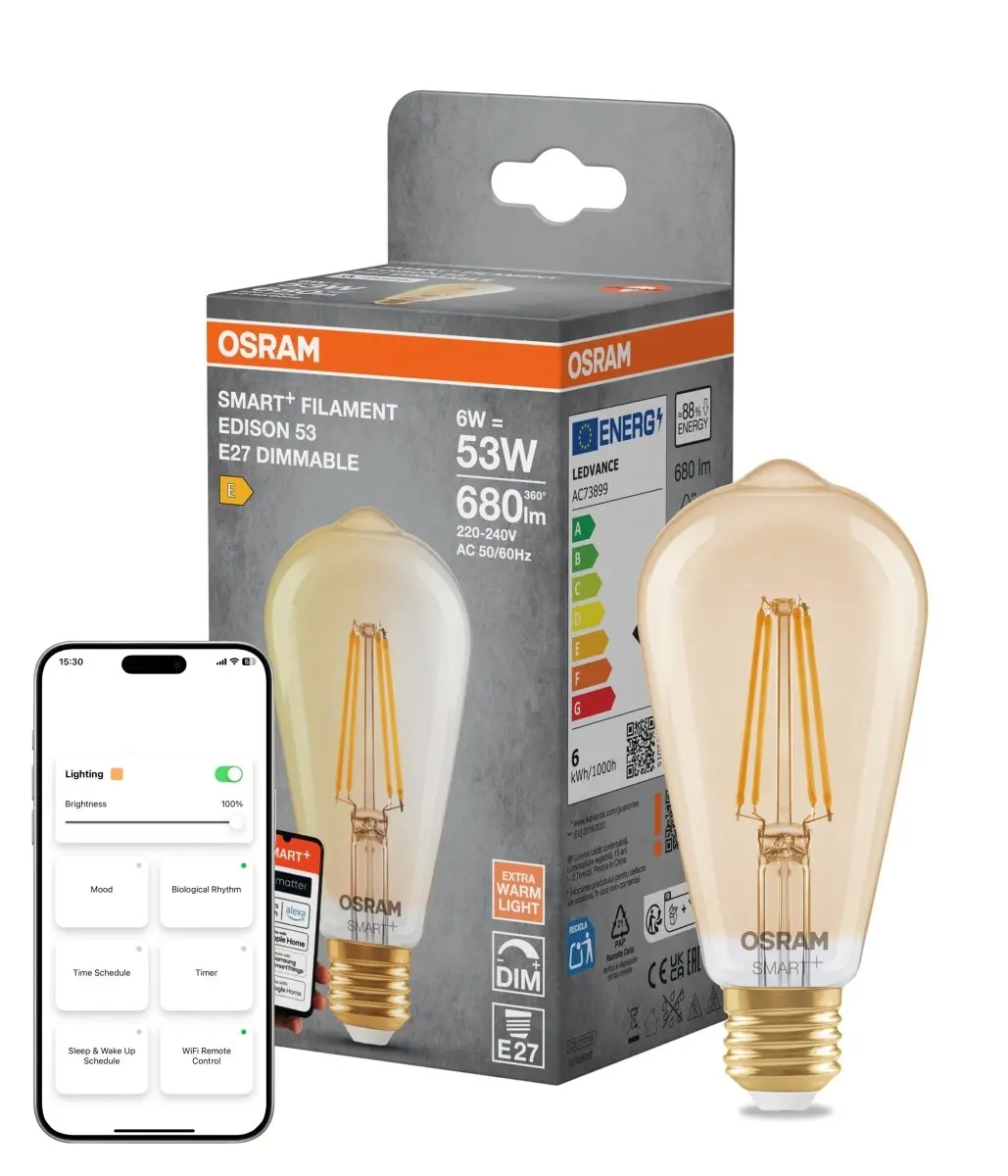 Smart LED žárovka SMART+ MATTER Filament Classic Edison 53, 6W, Teplá bílá, Zlatá, E27