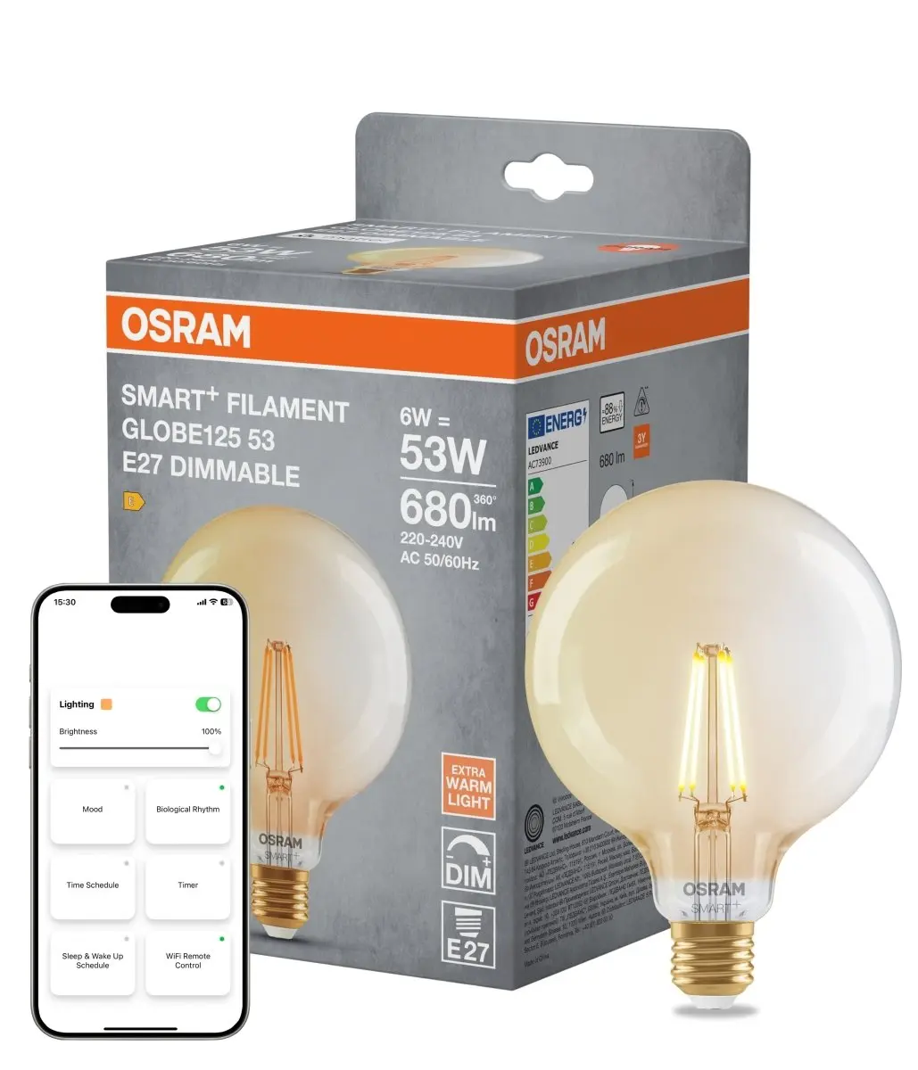 Smart LED žárovka SMART+ MATTER Filament Classic Globe 53, 6W, Teplá bílá, Zlatá, E27