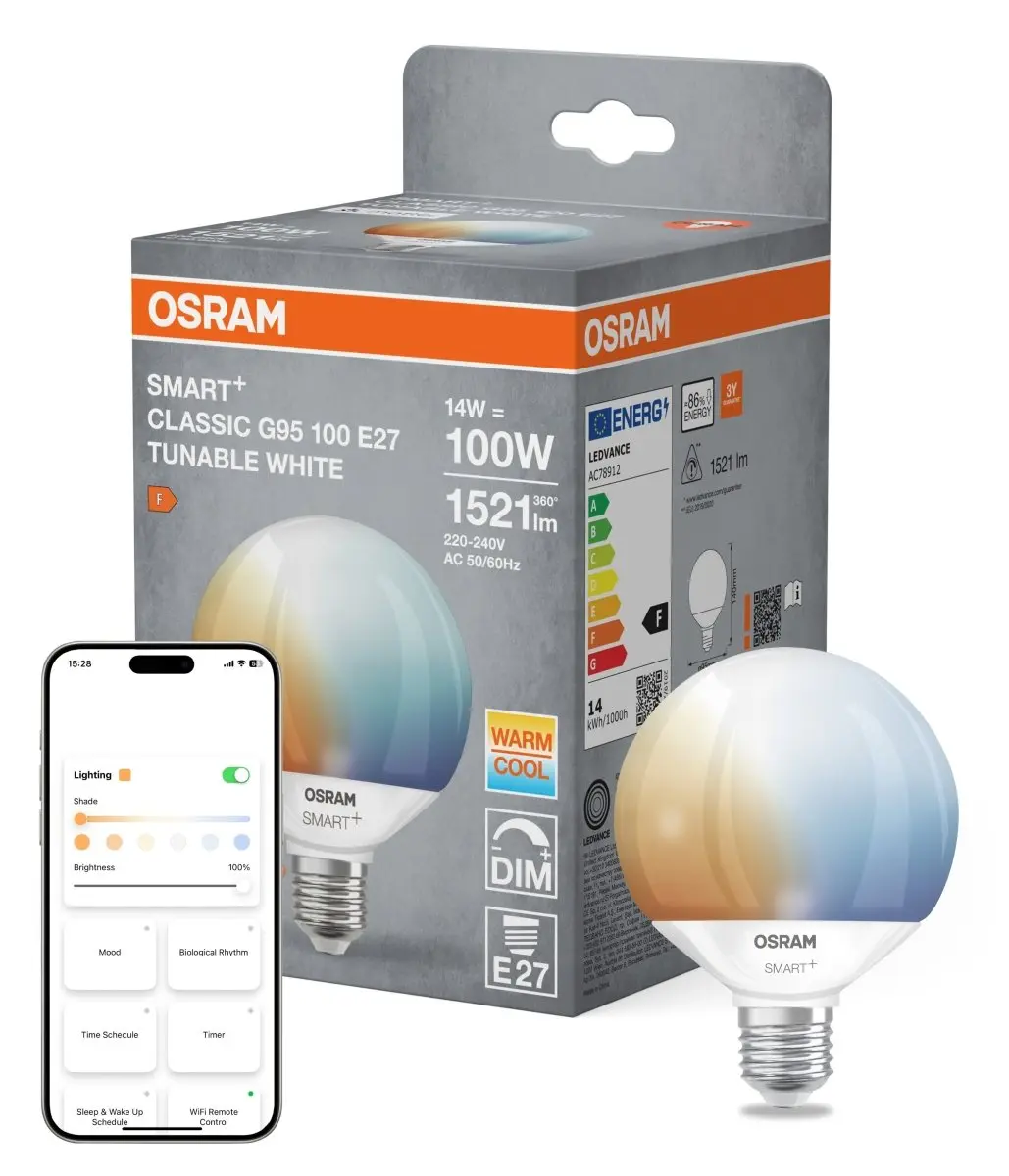 Smart LED žárovka SMART+ MATTER Globe 95 100, 14W, Nastavitelná bílá, E27