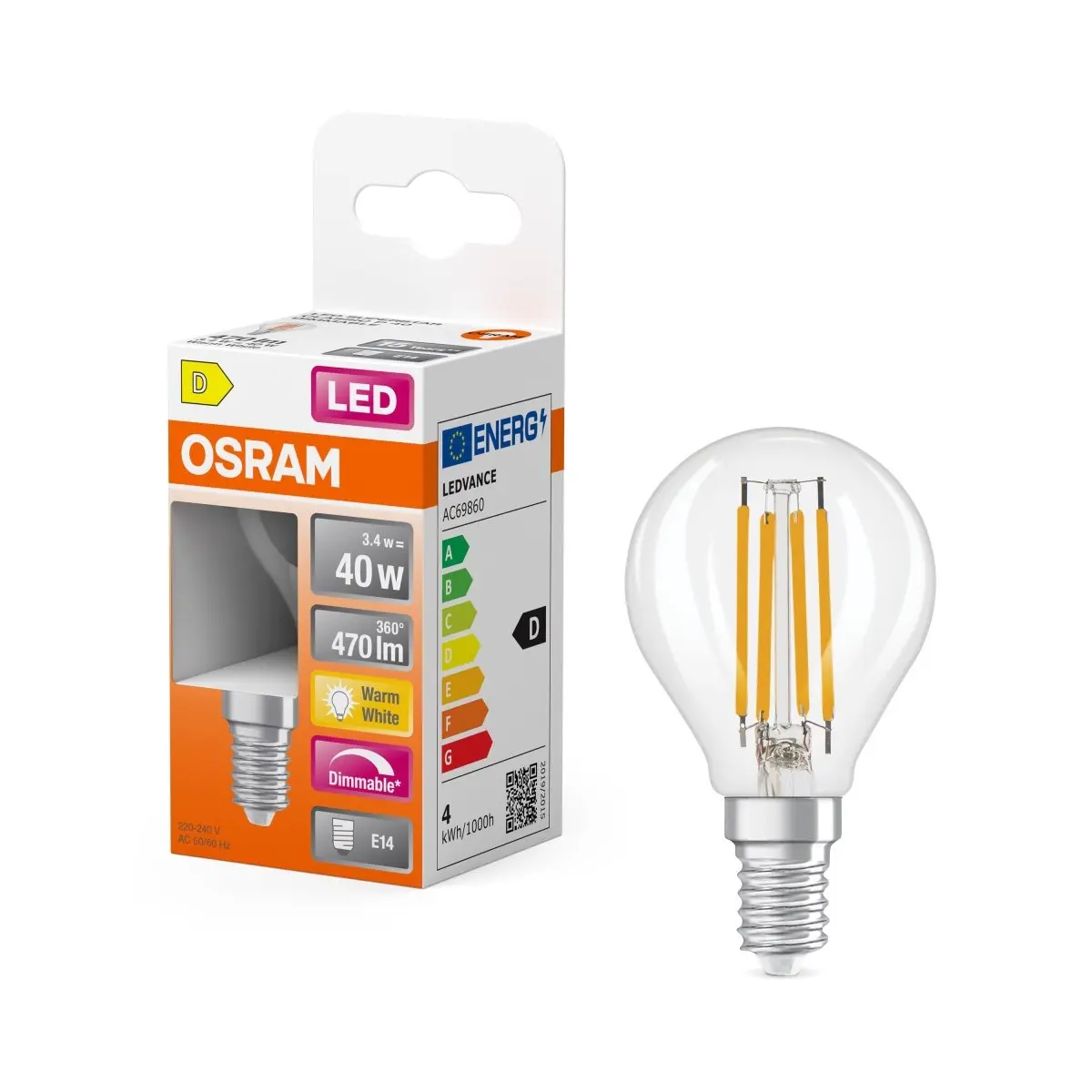 Stmívatelná LED průhledná žárovka E14 3,4W CLASSIC P, teplá bílá OSRAM