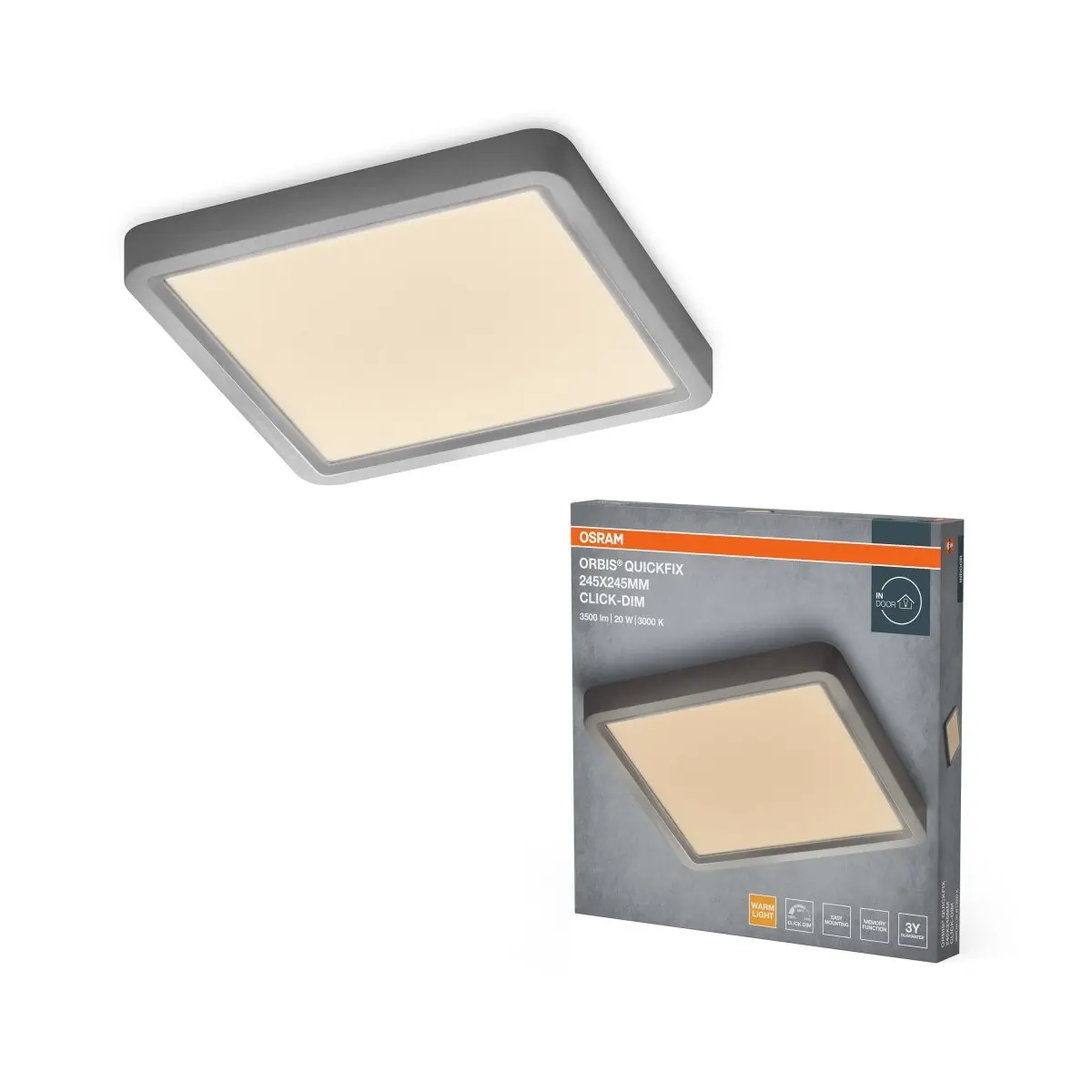 Stříbrný LED Panel ORBIS 245x245mm 20W Click Stmívatelný, Teplá Bílá