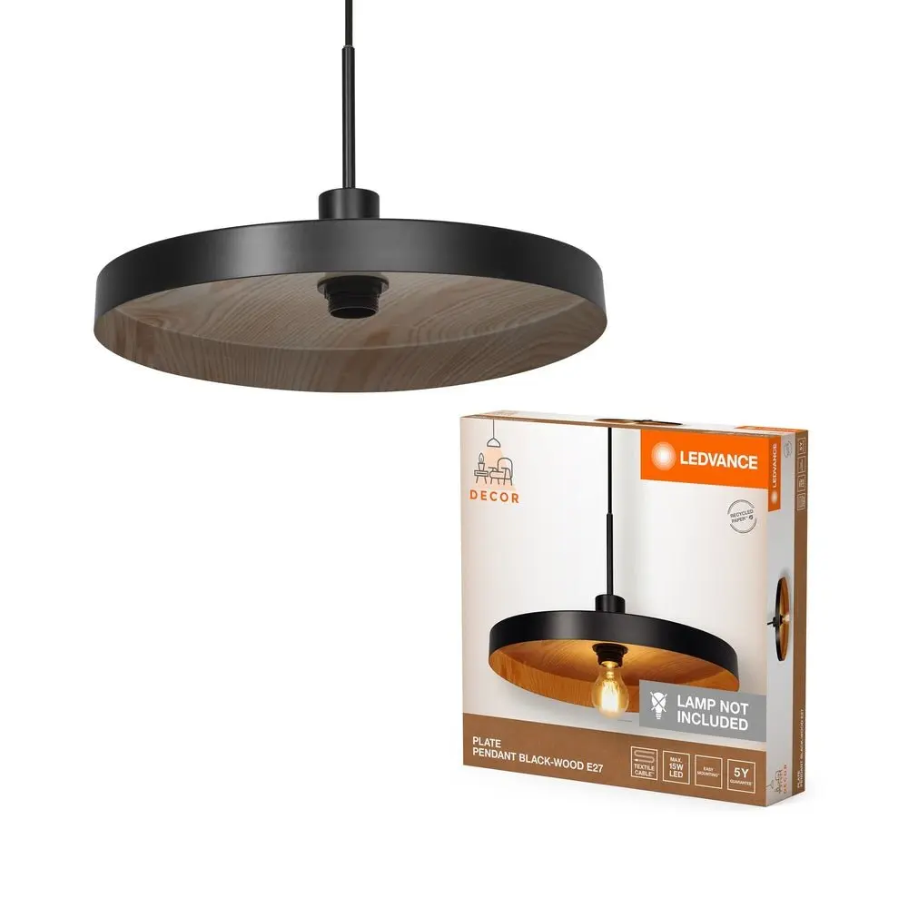 Talířový LED lustr černý/dřevo E27 PLATE PENDANT