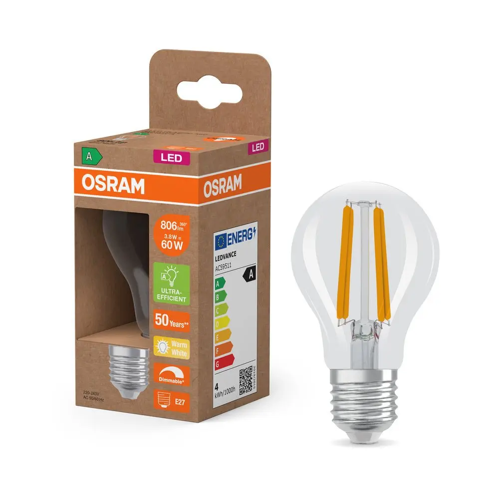 Ultra účinná LED žárovka čirá E27 3.8W CLASSIC A, teplá bílá