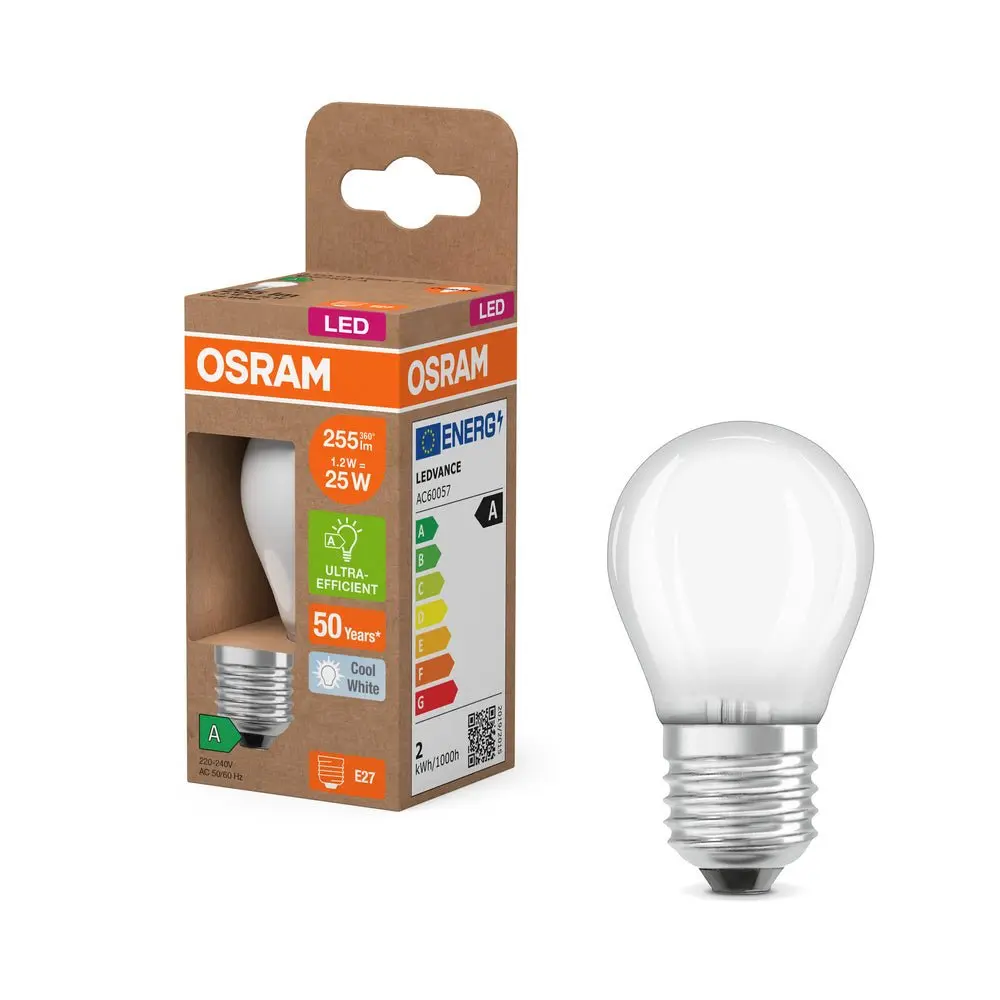 Ultra účinná LED žárovka E27 1.2W CLASSIC P, studená bílá