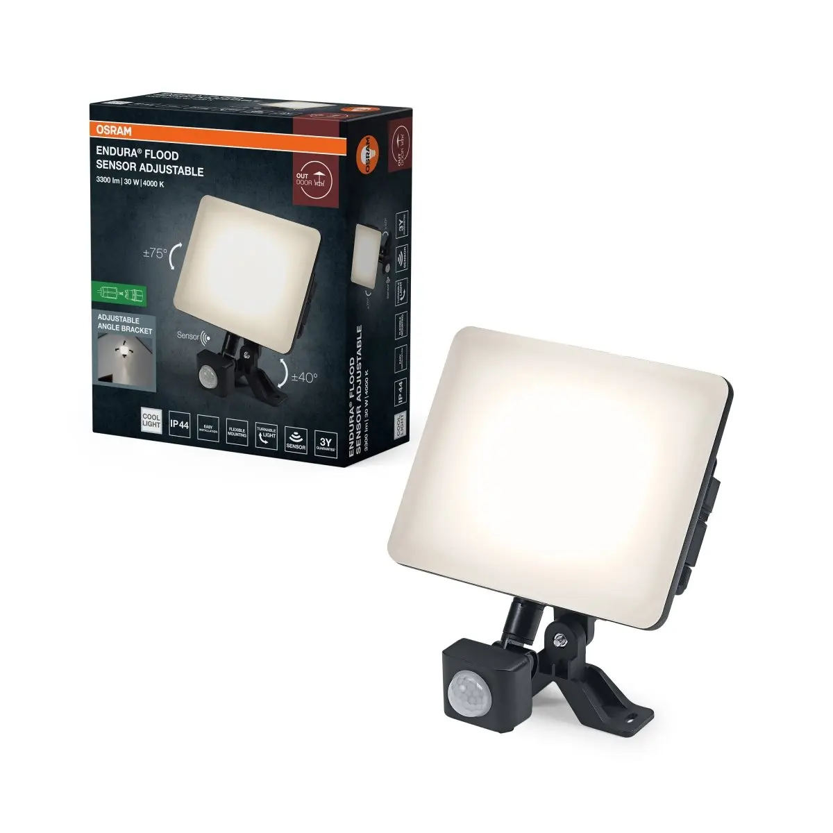 Venkovní reflektor ENDURA® nastavitelný se senzorem 30W, 120 °, černá