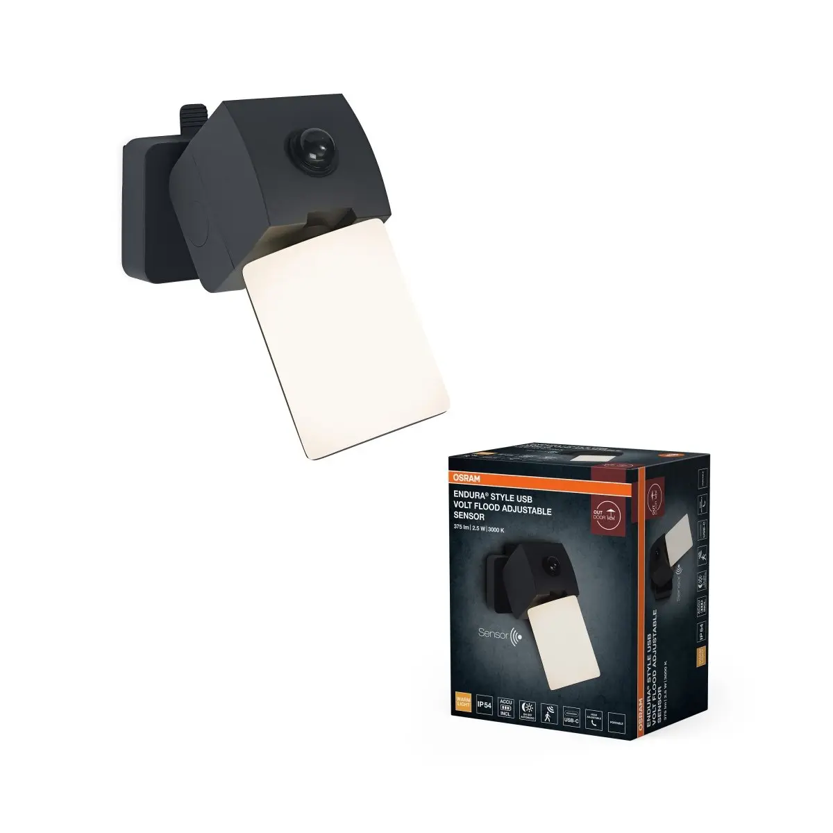 Venkovní reflektor ENDURA® Style USB Volt, šedá, teplá bílá, 111 °