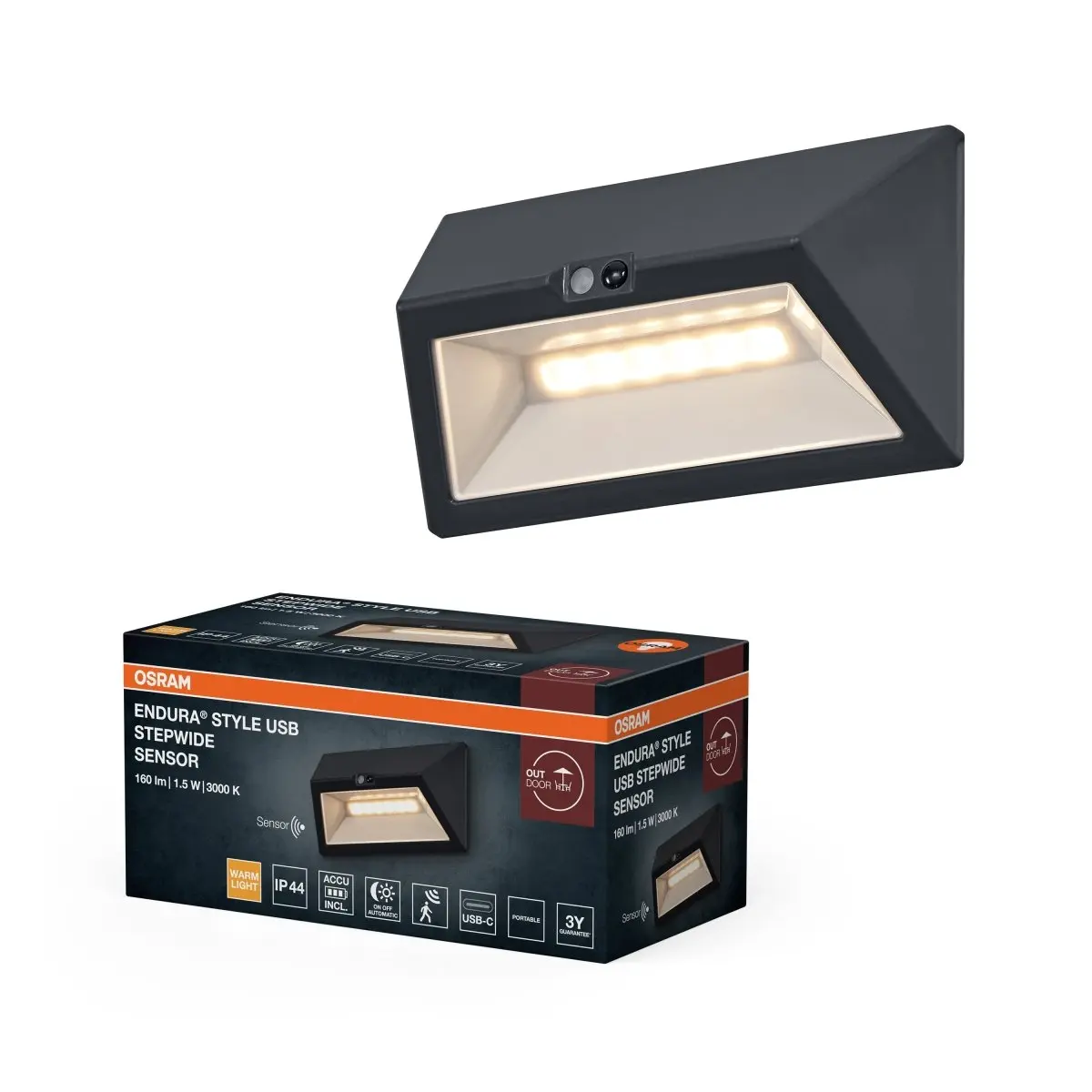 Venkovní svítidlo ENDURA® Style USB nástěnný, šedá, teplá bílá, 55 °