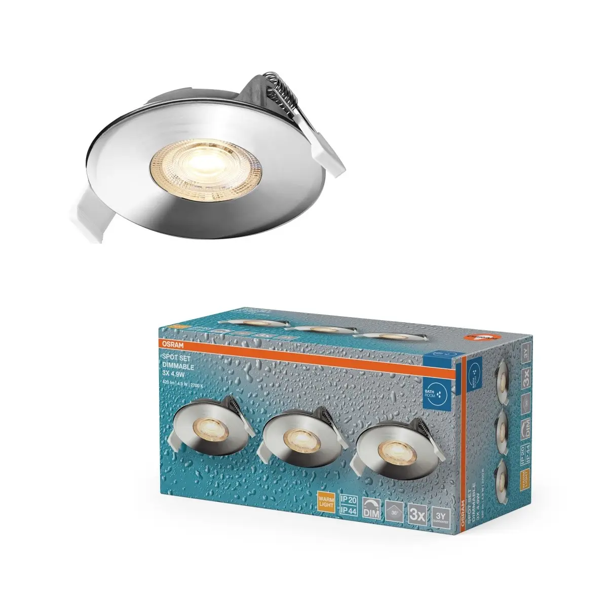 Vestavný LED reflektor DIM IP44 Chrome, teplá bílá, 36 °
