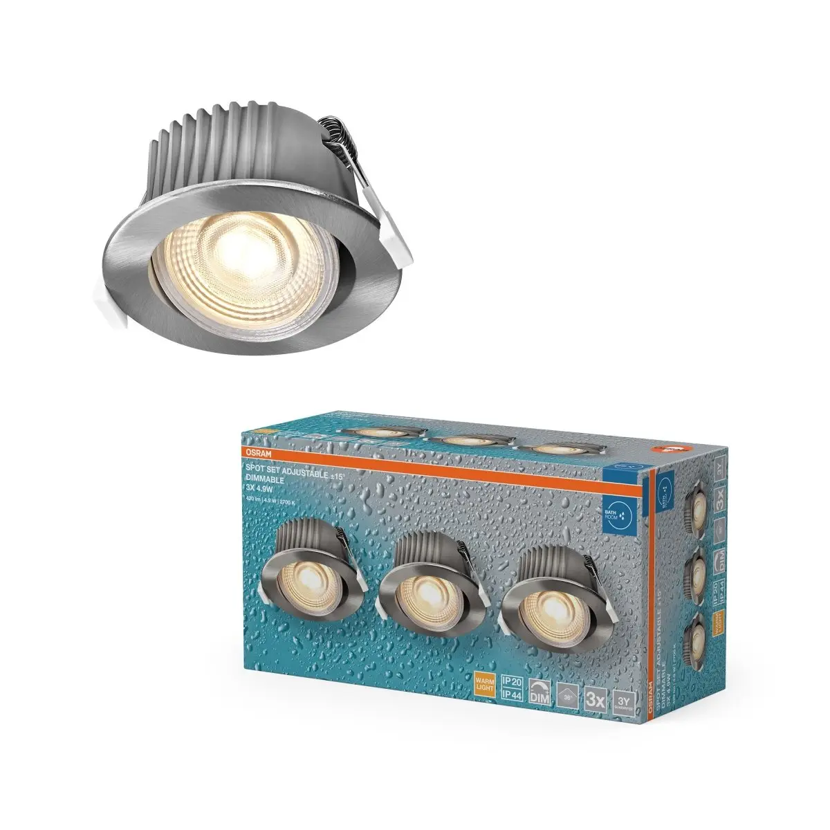 Vestavný LED reflektor DIM IP44 nastavitelný, teplá bílá, 36 °