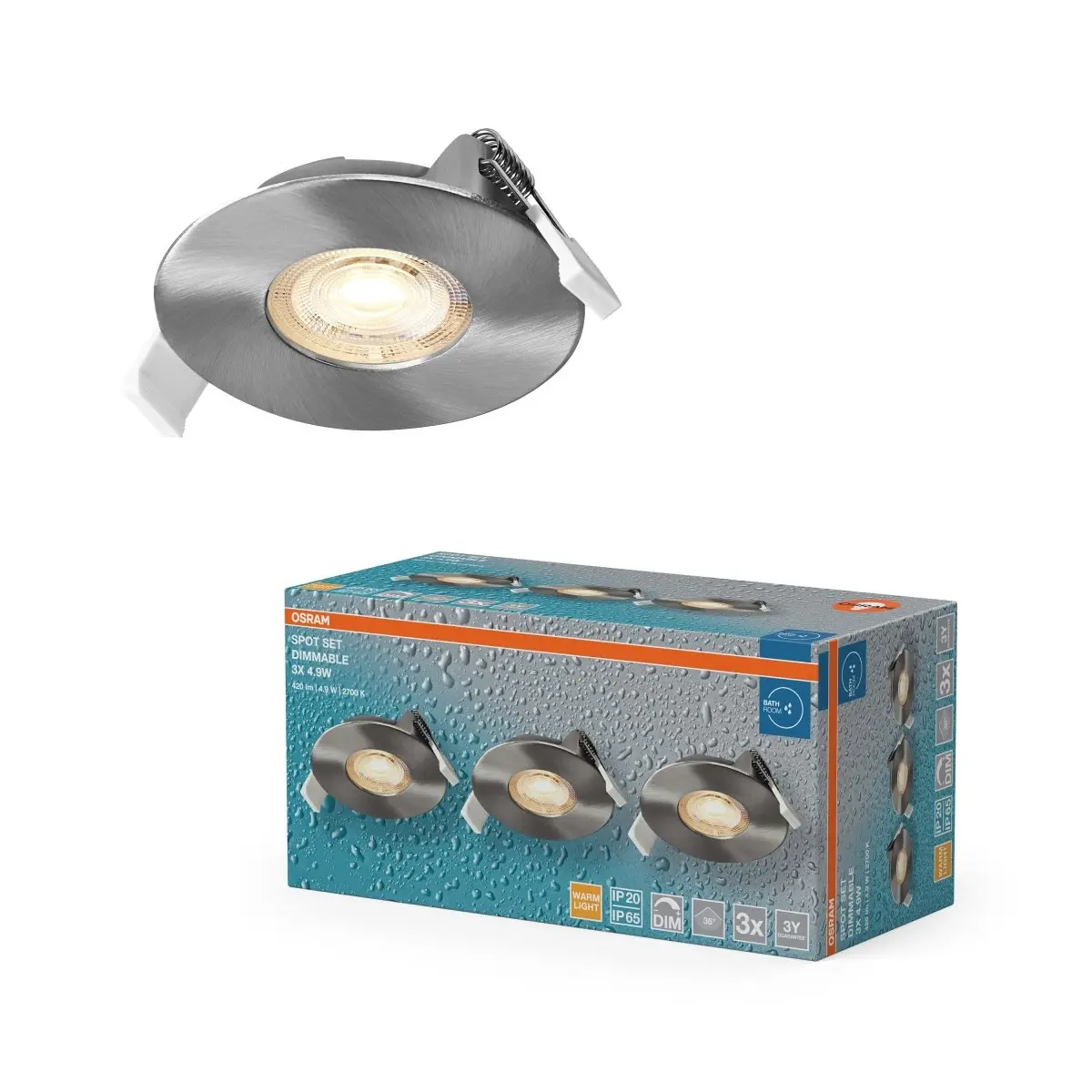 Vestavný LED reflektor DIM IP65 36°, teplá bílá, saténový nikl