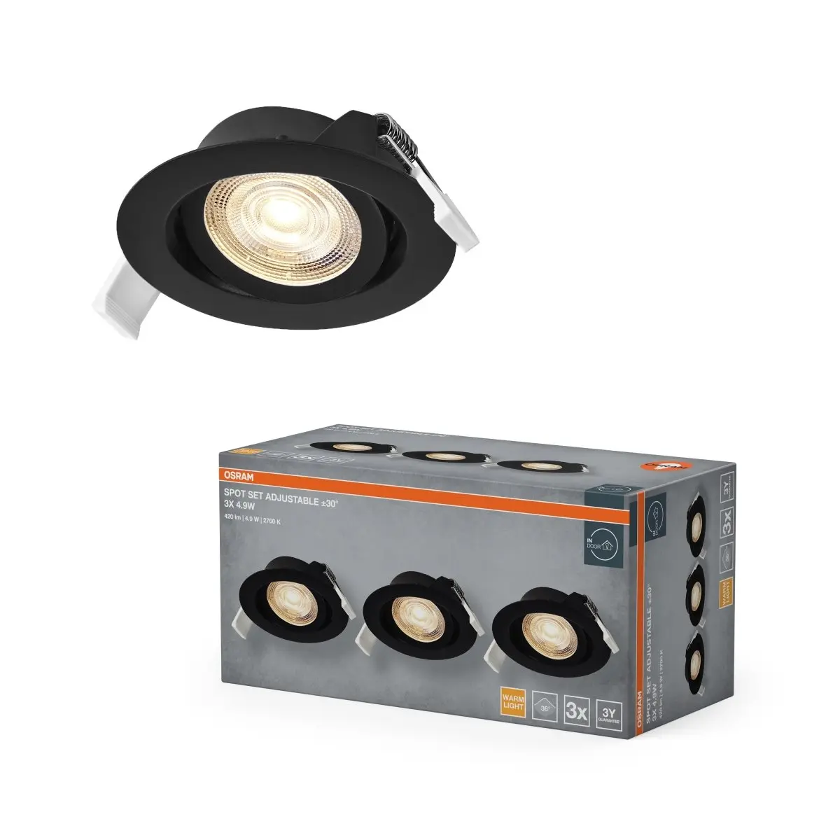Vestavný LED reflektor nastavitelný, teplá bílá, černá