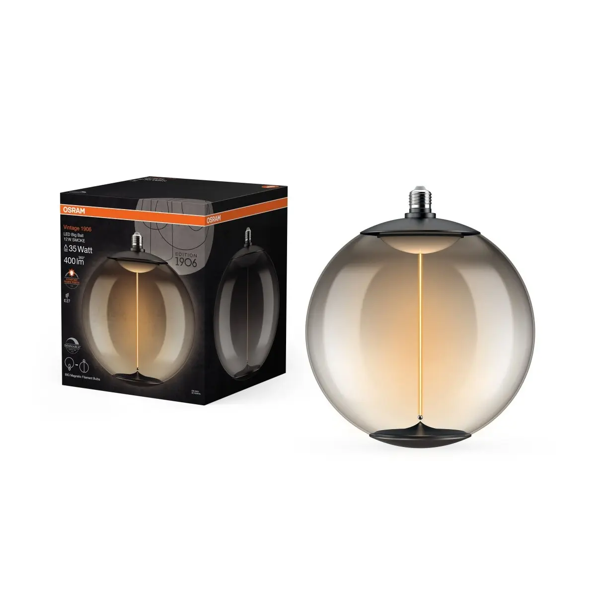 Vintage LED žárovka 1906 Big Ball 35 Spiral Magnetic, 12W, Teplá bílá, Kouřová, E27