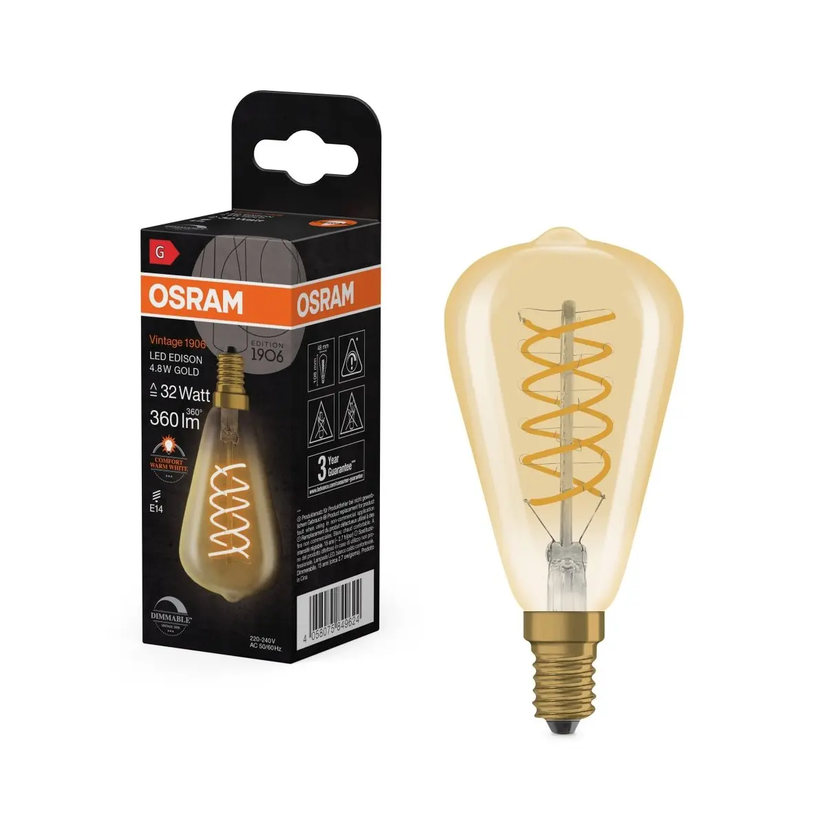 Vintage LED žárovka 1906 Edison 32 Spiral Filament DIM, 4.8W, Teplá bílá, Zlatá, E14