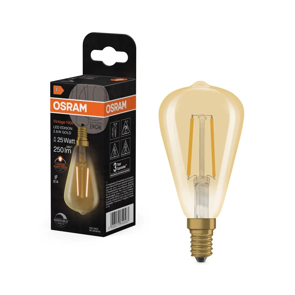 Vintage LED žárovka 1906 Edison Filament DIM, 2.8W, Teplá bílá, Zlatá, E14
