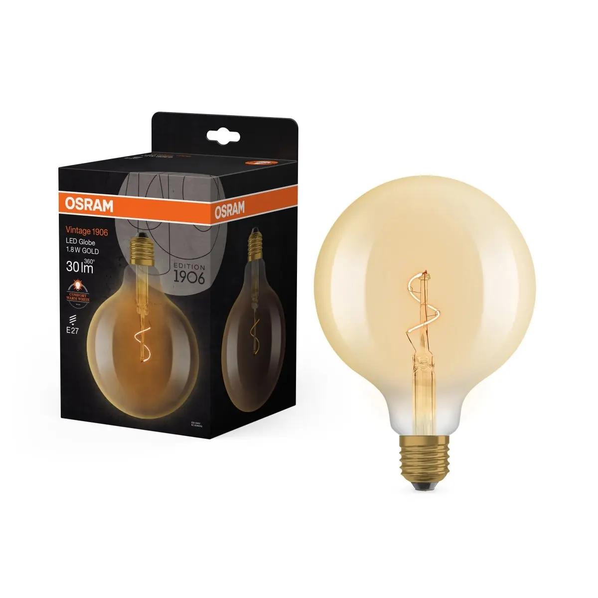 Vintage LED žárovka 1906 Globe 125 Spiral Filament, 1.8W, Teplá bílá, Zlatá, E27