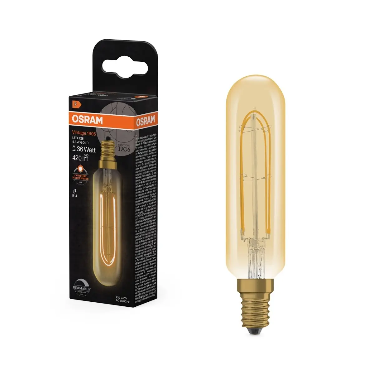 Vintage LED žárovka 1906 T28 36 Filament DIM, 4.8W, Teplá bílá, Zlatá, E14