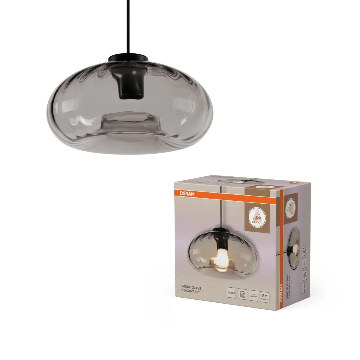 Závěsné svítidlo Smoke Glass, 1x E27, Černé