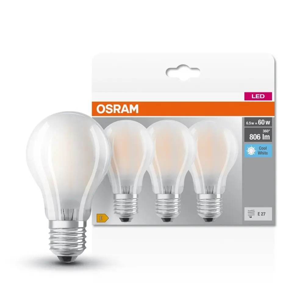 3 ks matná LED žárovka E27 6,5 W CLASSIC A, studená bílá