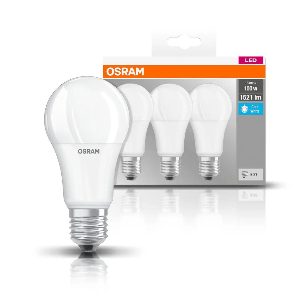 3 ks matná LED žárovka E27 8,5 W BASE CLASSIC studená bílá