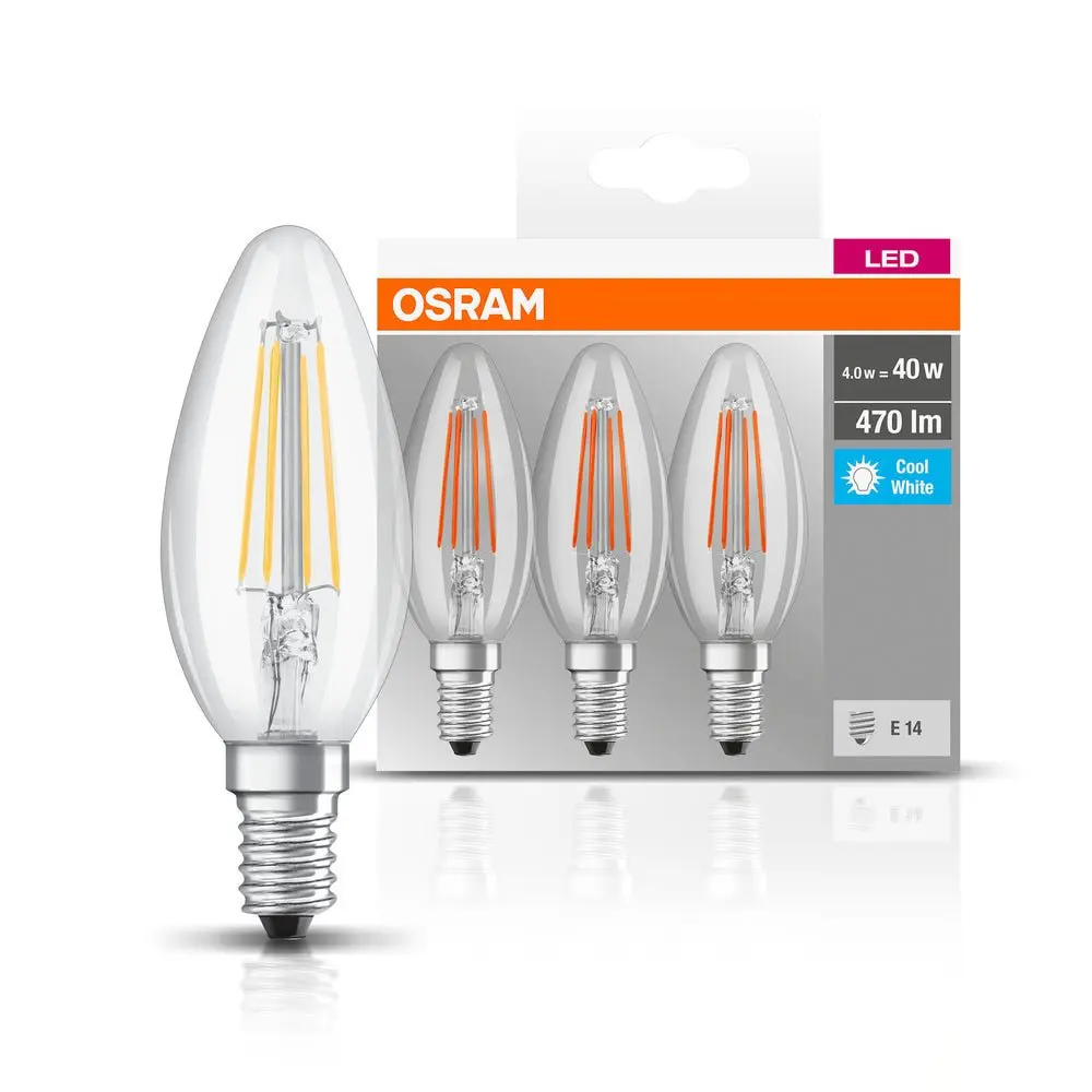 3 ks průhledná LED žárovka E14 4 W BASE studená bílá