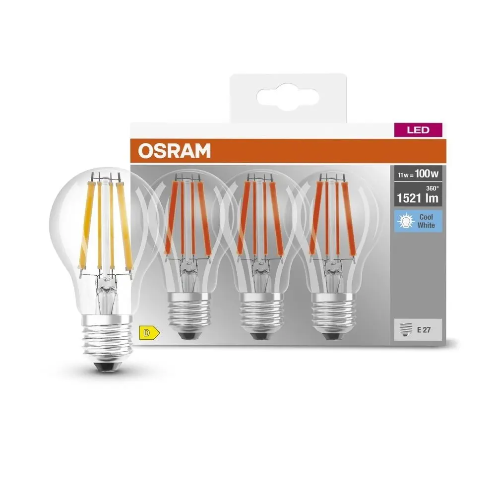 3 ks průhledná LED žárovka E27 11 W CLASSIC A, studená bílá