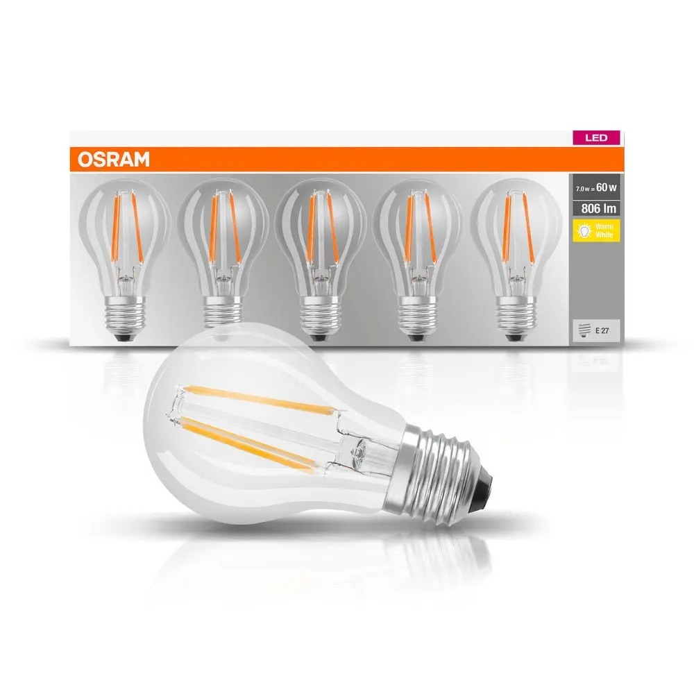 5 ks průhledná LED žárovka E27 6,5 W CLASSIC teplá bílá