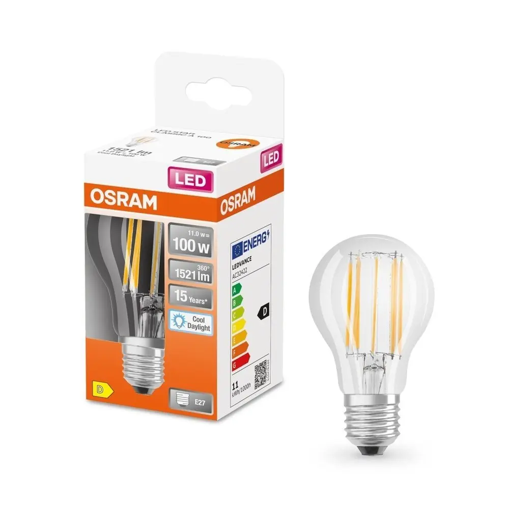 Průhledná LED žárovka E27 11 W CLASSIC A, studená denní bílá