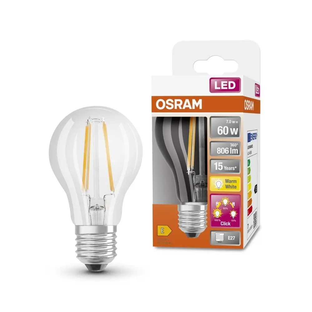 LEDVANCE OSRAM LED STAR+ CL A 3xDFIL 60 non-dim 7W/827 E27
