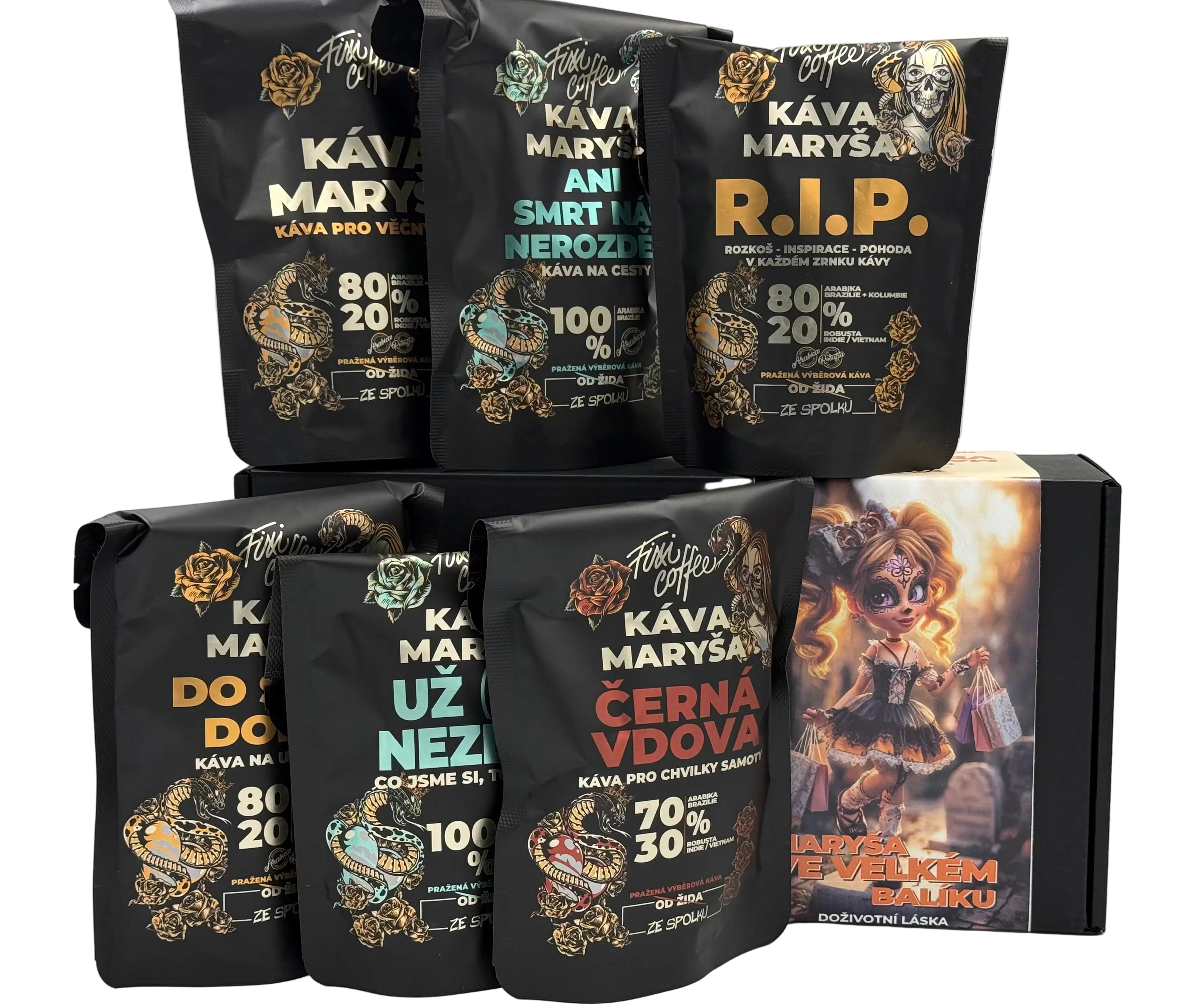 Fixi Coffee Maryša – Ve velkém balíku (6x100g) – degustační sada výběrové kávy jemně mletá / sáček Doypack / 6x100 g