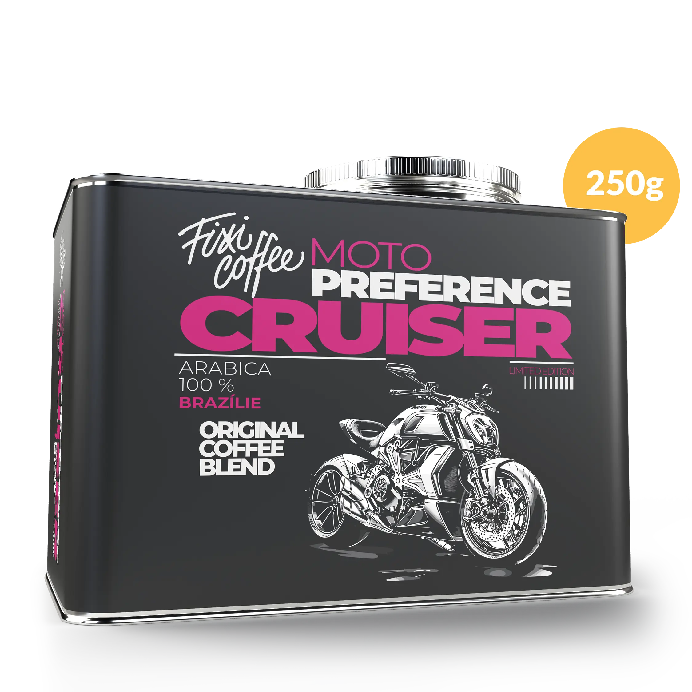 Fixi Coffee Motokafe – Cruiser – dárkové balení kávy zrnková / stylový plechový kanystr / 250 g