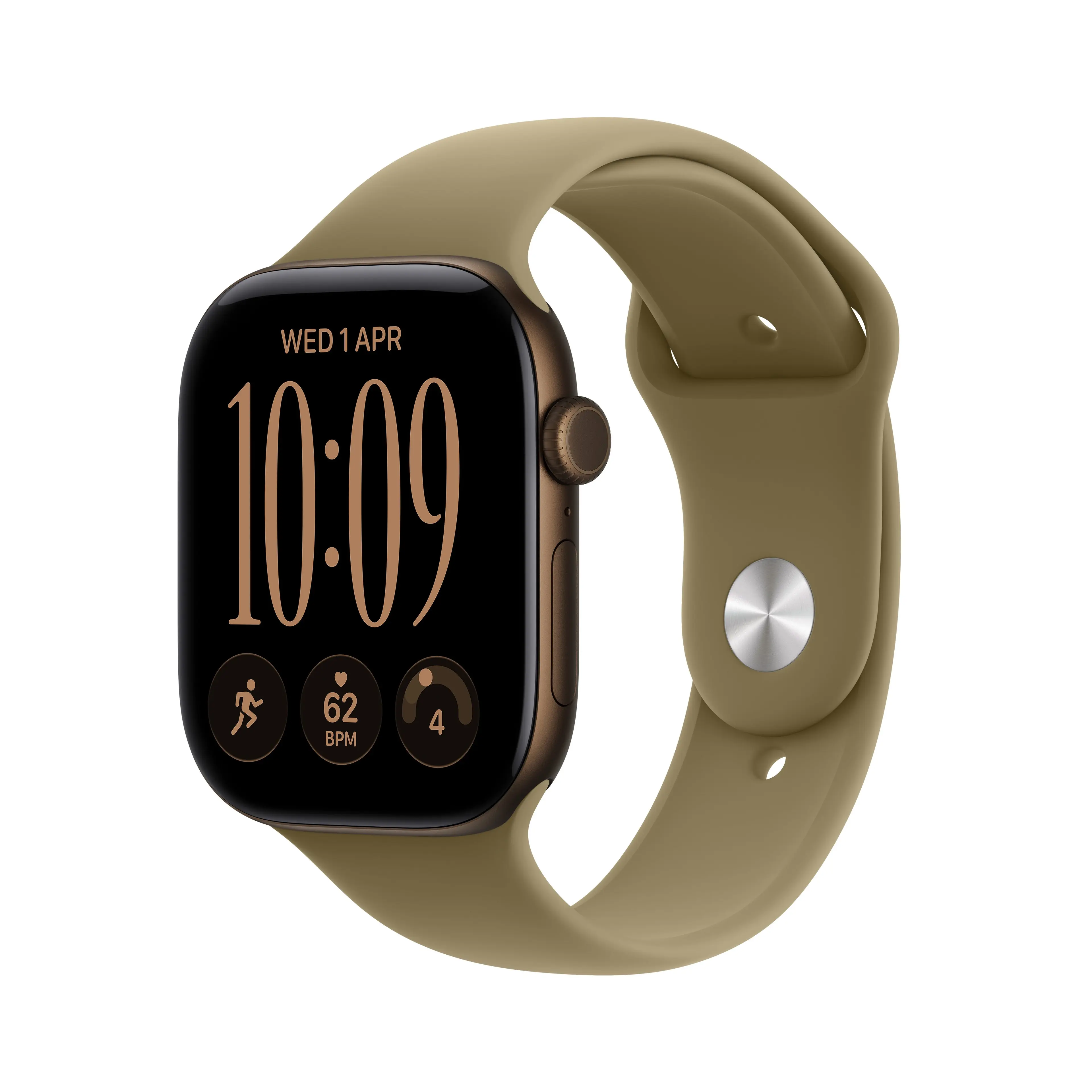 Apple Watch Series 12 • GPS + Cellular • 42mm pouzdro z tmavě bronzového hliníku • Olivový sportovní řemínek – S/M