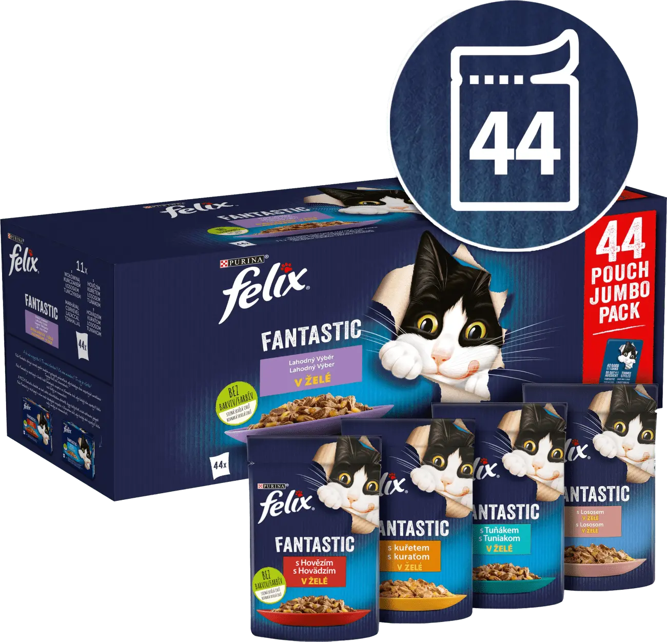 Felix Fantastic kapsičky pro kočky hovězí, kuře, losos, tuňák v želé 44 x 85 g