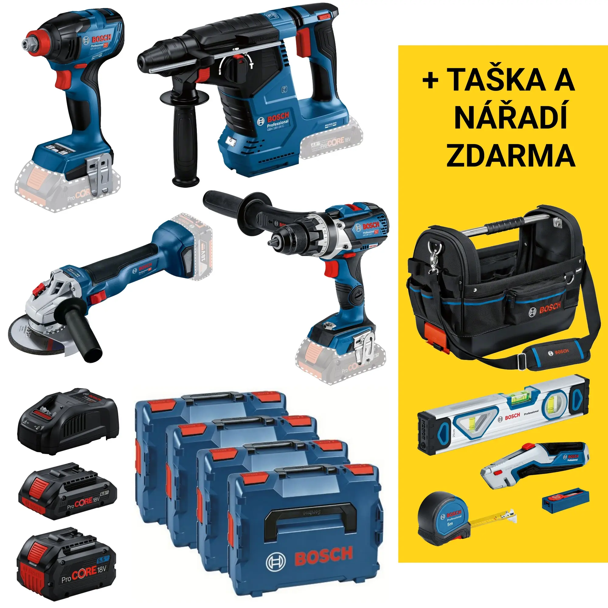 Sada AKU nářadí Bosch GSR + GDX + GWS + GBH 0.615.990.N32 18 V 2× 5,5 Ah 1× 4 Ah