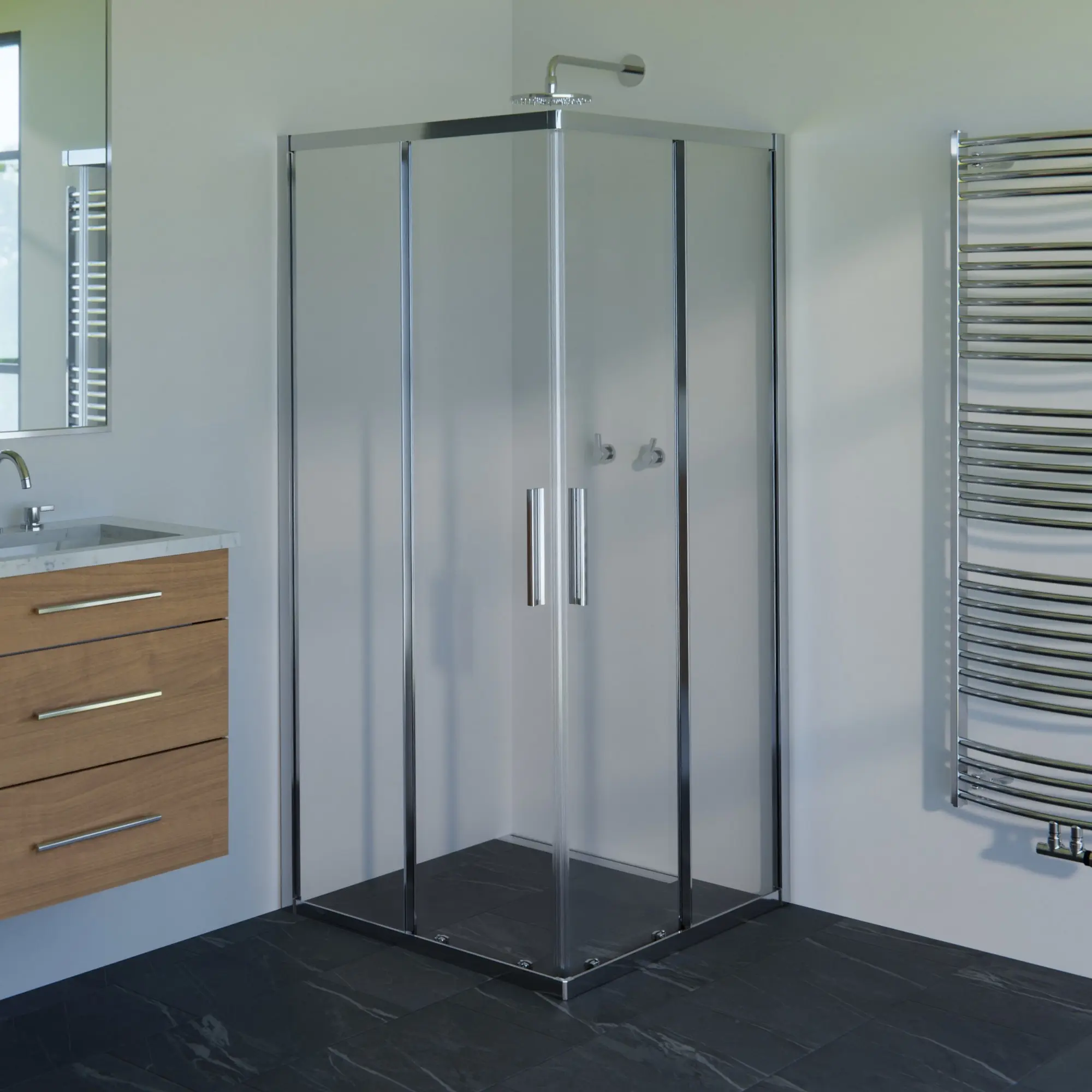 Kout sprchový WECCO 800×800 mm lesklý hliník/čiré sklo