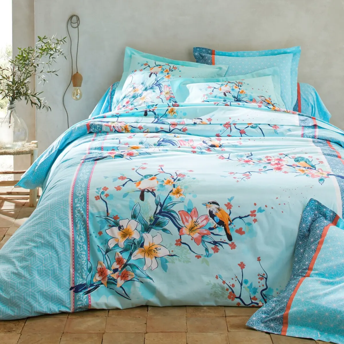 Povlečení Birdy zn. Colombine® s potiskem ptáčků, z bavlny blankytně modrá napínací prostěradlo 90x190 cm