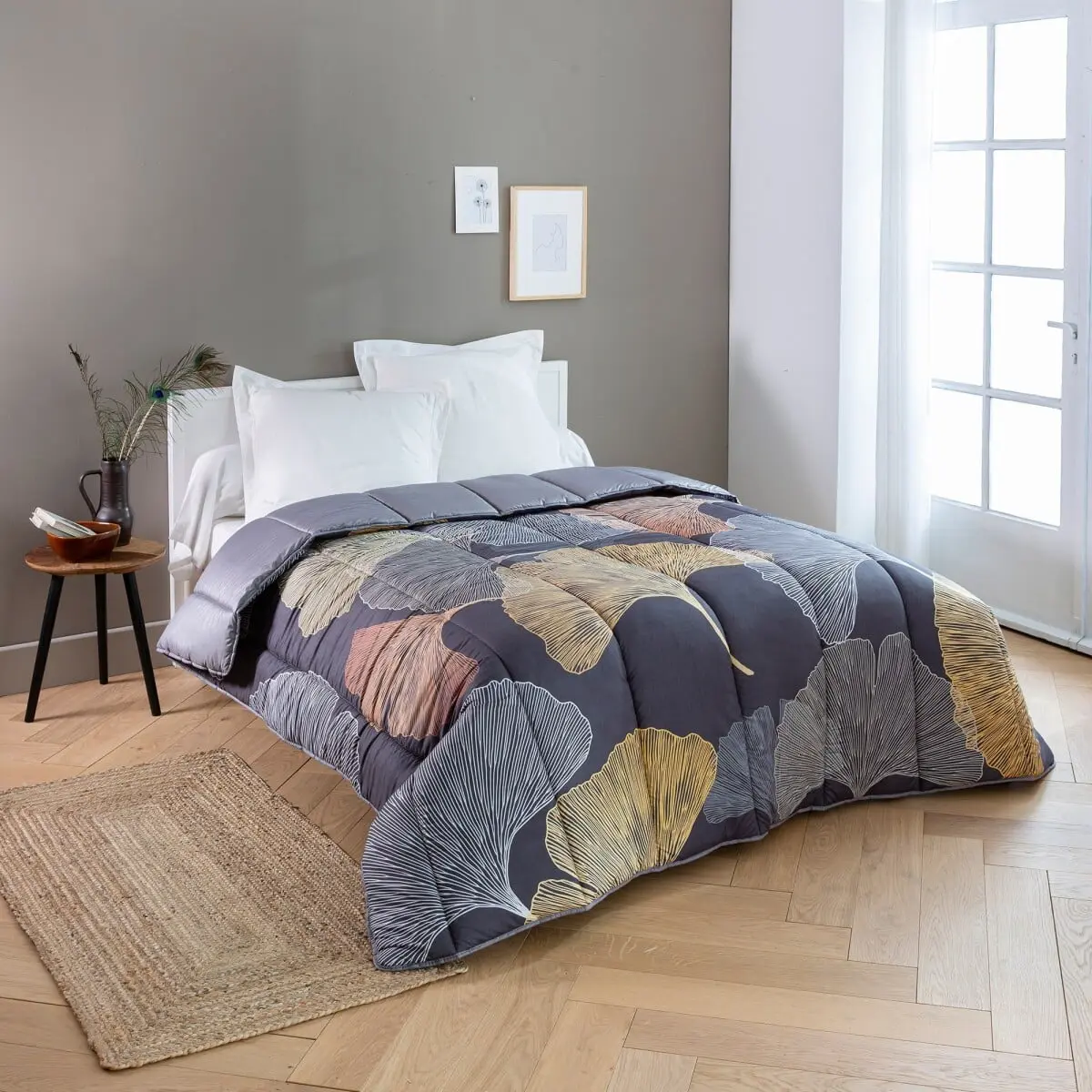 Přikrývka s potiskem Ginkgo, polyester, 400 g/m2 modrá/potisk