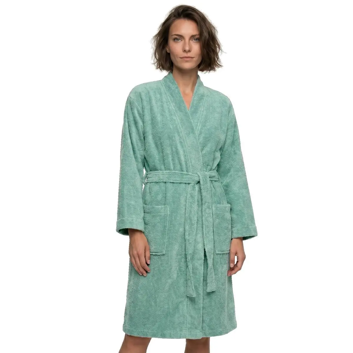 Krátký unisex župan s kimono límcem zelená mořská