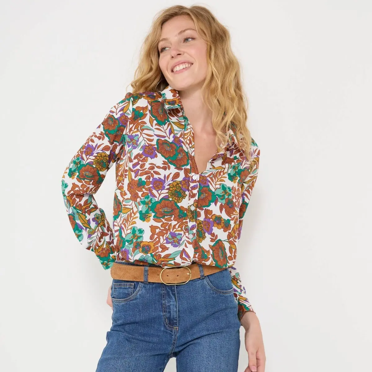 Košile na knoflíčky s potiskem květin, recyklovaný polyester bílá/karamelová