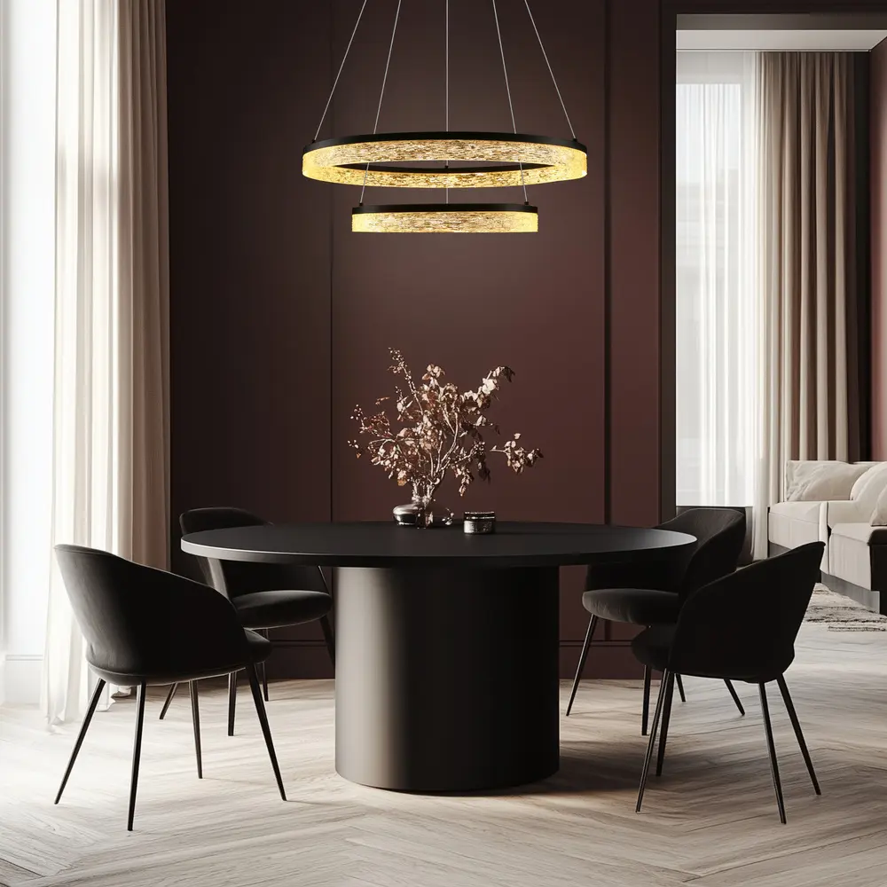 Okouzlující závěsná lampa FROZI – černé stínidlo s krystaly – moderní LED lustr do luxusního obývacího pokoje