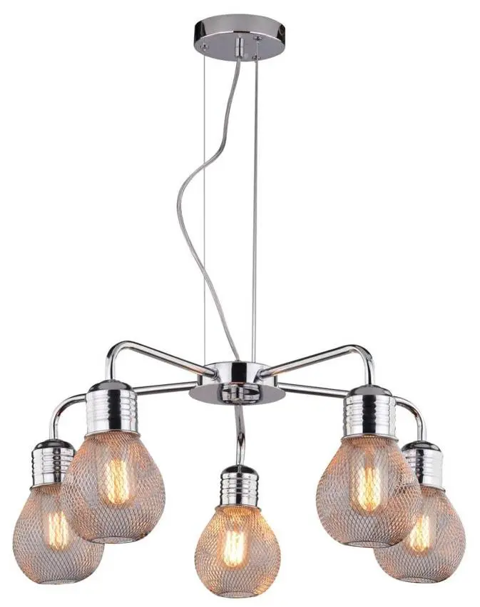 Závěsná lampa s chromovaným drátěným stínidlem 5x60W, nastavitelná