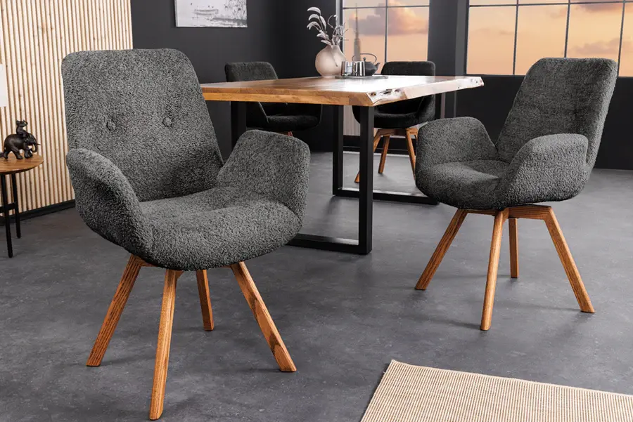 Estila Designová moderní otočná jídelní židle Gothenborg s šedým buklé čalouněním a hnědým dubovým nohama 61 cm