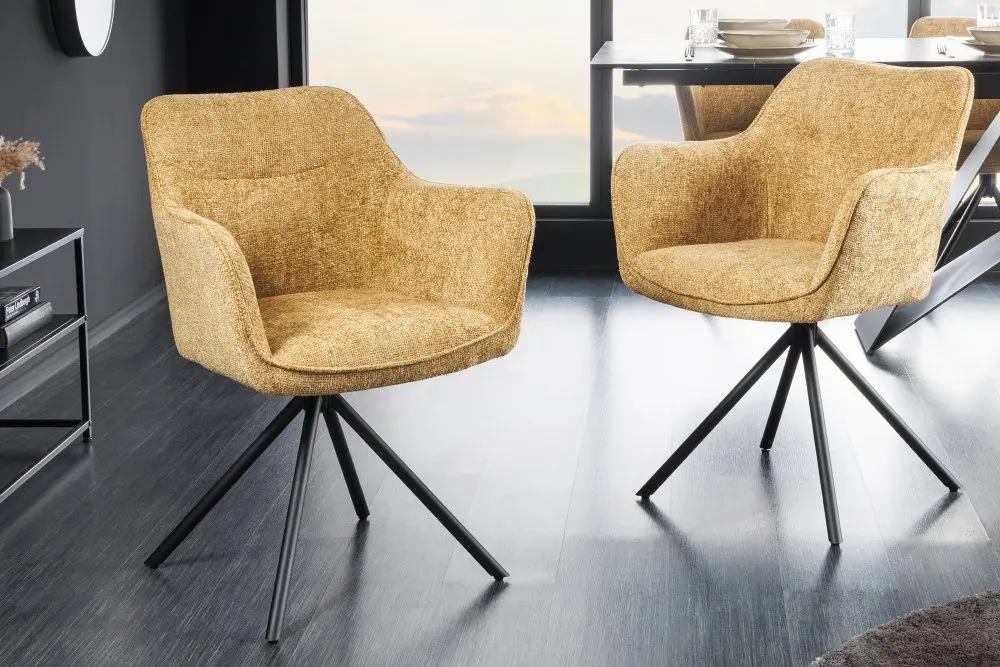 Estila Moderně otočné křeslo Kristal Mustard II s hořčicově žlutou potahovou laťkou a černými kovovými nožičkami 80cm