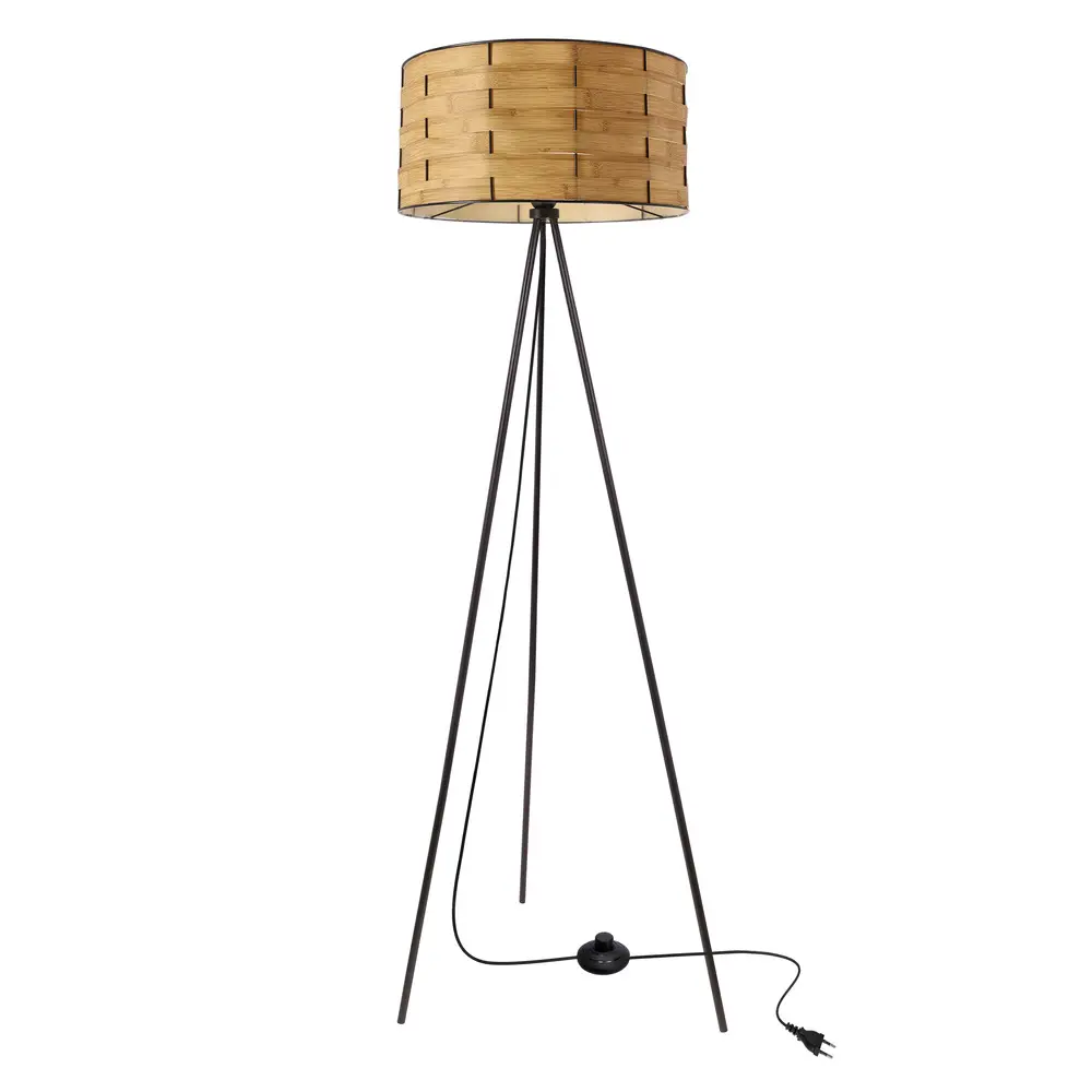 Stojací lampa FIANA černá 1x40W E27 přírodní stínidlo z černé borovice moderní stojací do obývacího pokoje, ložnice, kancelář, dekorativní osvětlení